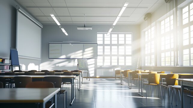 Bright Classroom With Desks and Projector Screen. Generative AI.