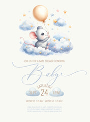 Cute baby shower watercolor invitation card with little mouse on clouds.