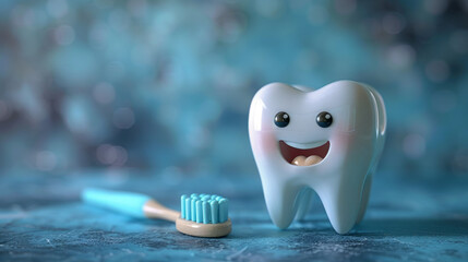 Fototapeta na wymiar illustration of 3d healthy white tooth and a tooth brush against a blue background,generative ai
