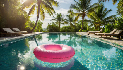 Swimming pool with inflatable ring and palm trees in the background - obrazy, fototapety, plakaty