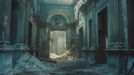 Fototapeta na wymiar Mystical interior ruins of an abandoned.