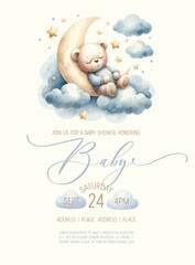 Cute baby shower watercolor invitation card with bear sleeping on cloud.