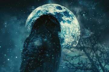 A wise owl merged with the silhouette of a full moon against a starry night sky in a double exposure 