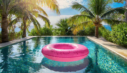 Pink Flamingo Floaty floating on swimming pool with palm trees and blue sky - obrazy, fototapety, plakaty