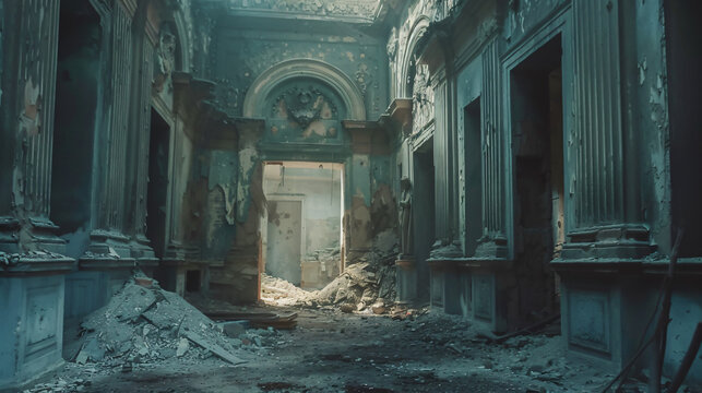 Mystical interior ruins of an abandoned.