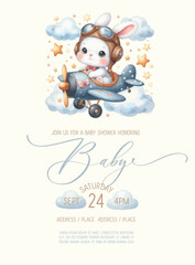 Cute baby shower watercolor invitation card with bunny pilot on an airplane.