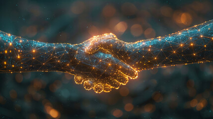 Obraz na płótnie Canvas Handshake, Two wire-frame glowing hands, technology, business, trust concept,generative ai
