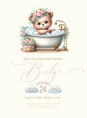 Cute baby shower watercolor invitation card with teddy bear girl takes a bath with foam.