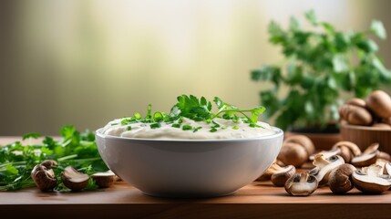 Obraz na płótnie Canvas Creamy mushroom soup on blurred kitchen background with ample copy space - delicious and appetizing