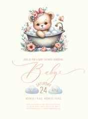 Cute baby shower watercolor invitation card with teddy bear girl takes a bath with foam.