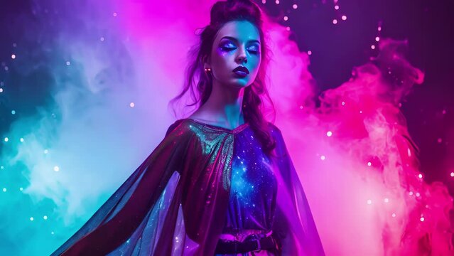 A galaxy printed romper with a cape and galaxyinspired makeup perfect for a music festival or concert with a cosmic theme.