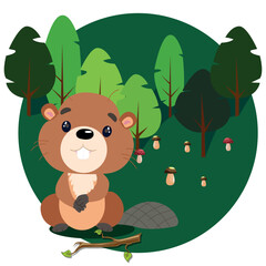Obraz na płótnie Canvas Vector children's illustration for young children. A beaver with a branch from a tree.