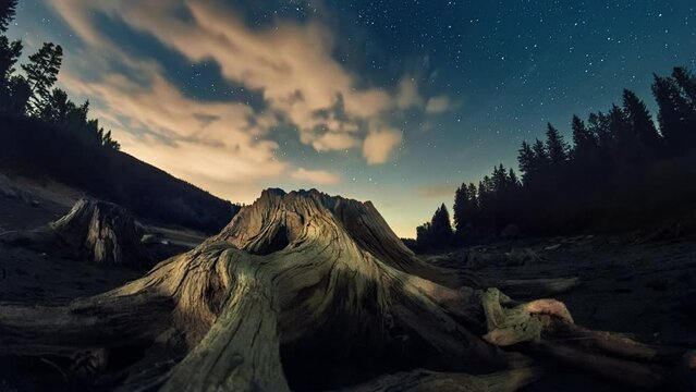 Time lapse of the starry night sky over a gnarly tree stump. Landscape footage with drifting clouds and moving stars
