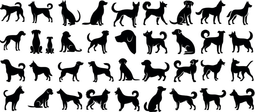 Playful dog silhouettes in various poses, perfect for animal lovers