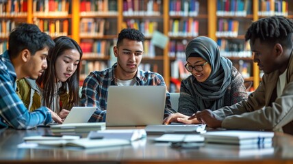 Group of students study together in the library. Education and technology concept.