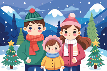 Obraz na płótnie Canvas Winter's magic with a happy family vector illustration