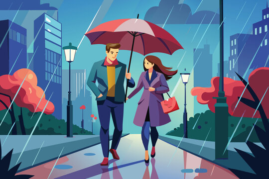 A couple strolls down the wet pavement, sheltered by a single umbrella