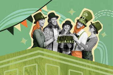 Image collage of joyful cheerful friends celebrate together heme party saint patricks day cheers clink isolated on painted background