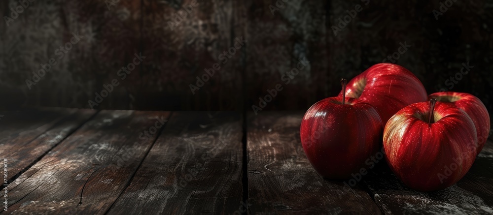 Poster a cluster of fresh red and green apples neatly arranged on top of a rustic wooden table. the apples 