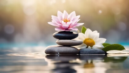 Serene water lily and zen stones on water