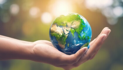 Human hands holding earth globe against sunlit background