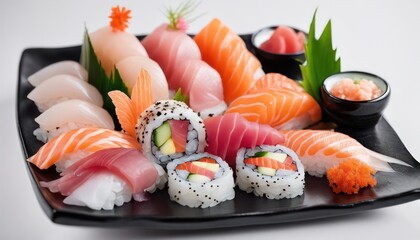 Assorted sushi and sashimi selection displayed on a black plate with garnishes