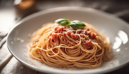 Delicious spaghetti bolognese with fresh basil