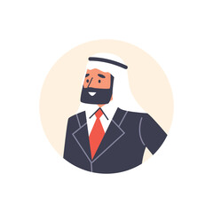 Portrait of bearded Arab man in turban wearing elegant suit with tie vector Muslim fashion Islamic businessman in circle