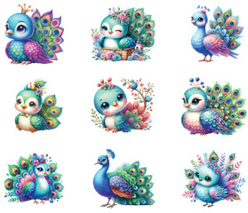 Obraz premium Cute Peacock Watercolor Clipart
