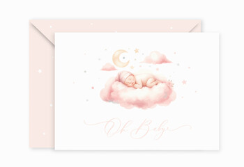 Watercolor Baby Shower Invitation templates with cute newborn baby sleeping on cloud. For baby girl.