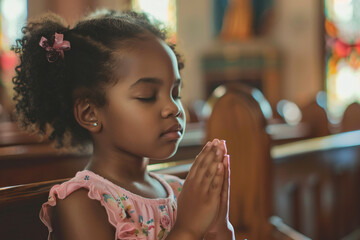 African American girl praying in church.