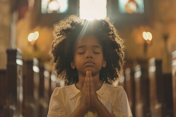 African American school girl praying in church.