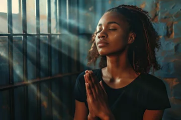 Fotobehang African American woman prays to god on dark prison. Cinematic effect © wolfhound911