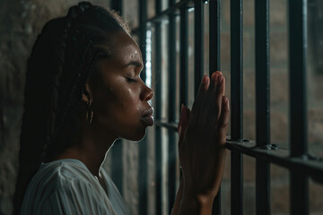 African American woman prays to god on dark prison. Cinematic effect - obrazy, fototapety, plakaty