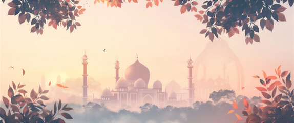 Mosque with leaves of tree frame at sunset for Ramadan greeting card