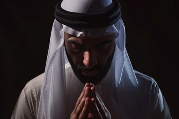 Arabian man prays to god on dark studio background. Cinematic effect - obrazy, fototapety, plakaty
