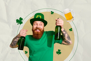 Collage photo banner of smiling cheerful bearded irish man hold two bottles fresh beer celebrate...