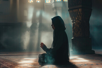 Arabian woman praying in mosque. Cinematic effect - obrazy, fototapety, plakaty