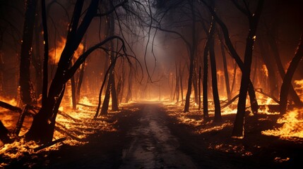 Massive forest fire disaster. Large-scale blaze engulfs trees in devastating wildfire outbreak
