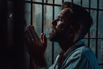 Caucasian man prays to god in dark prison. Cinematic effect - obrazy, fototapety, plakaty