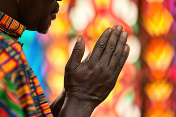 Fototapeta na wymiar Faithful Hands in Prayer - A Biracial Man Thanks God for Peace and Good Luck