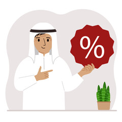 A man holds a percent sign in his hand. The concept of percentage, discount, promotion, interest rate, percent discount in shopping.