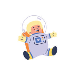 Cartoon cute blonde boy wearing astronaut costume, vector funny flying cosmonaut kid have fun, childish spacesuit helmet
