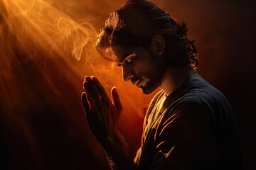 Indian man prays to god on dark studio background. Cinematic effect