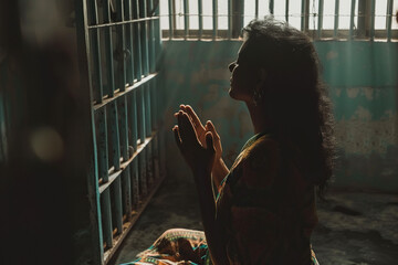 Indian woman prays to god in dark prison. Cinematic effect