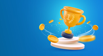 Champion cup on podium 3d vector illustration. Win prize, first place sport competition. Cartoon trophy cup on pedestal with flying coins on blue background. - obrazy, fototapety, plakaty