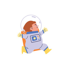 Cartoon cute boy wearing astronaut costume, vector funny flying cosmonaut kid isolated, childish spacesuit outfit helmet