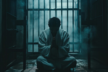 Japanese man prays to god in dark prison. Cinematic effect - obrazy, fototapety, plakaty