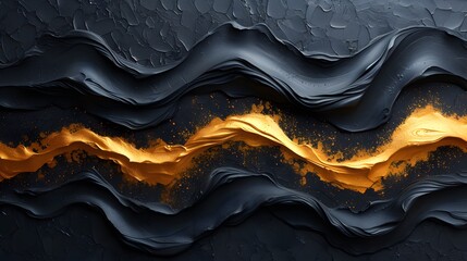 Abstract gold black acrylic painted fluted 3d painting texture luxury background banner on canvas -...