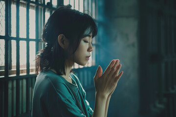 Japanese woman prays to god in dark prison. Cinematic effect - obrazy, fototapety, plakaty